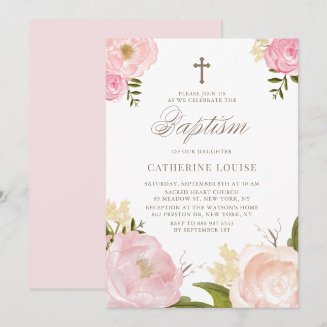 Invitation Aquarelle Baptême floral rose pâle (Devant / Derrière)