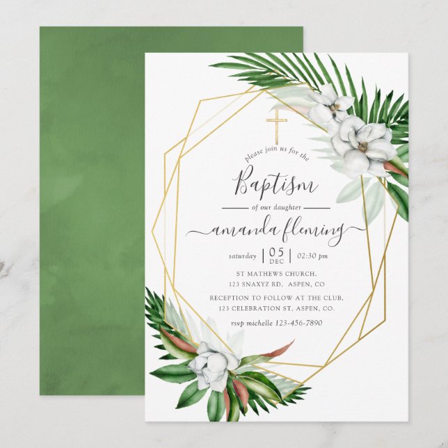 Invitation Aquarelle Baptême floral tropical (Devant / Derrière)