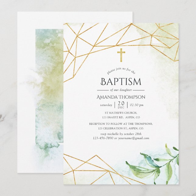 Invitation Aquarelle Baptême géométrique (Devant / Derrière)