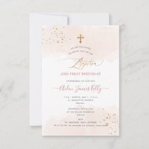 Invitation Aquarelle Baptême Or Blush+1er Anniversaire
