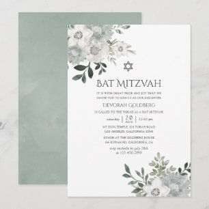 Invitation Aquarelle Bat mitzvah floral argent Sage