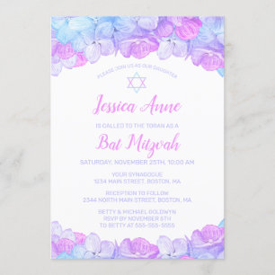 Invitation Aquarelle bat mitzvah Floral rose bleu Hydrangea