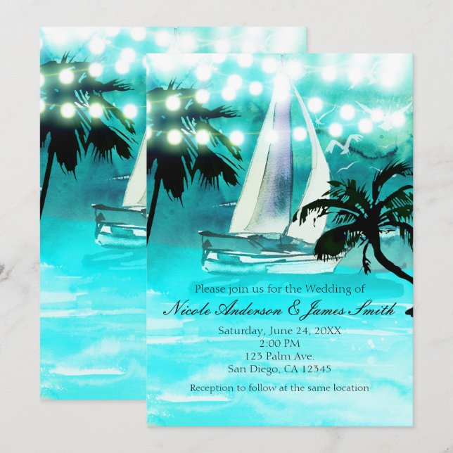 Invitation Aquarelle Bateau à voile Palmiers et lumières à co (Devant / Derrière)