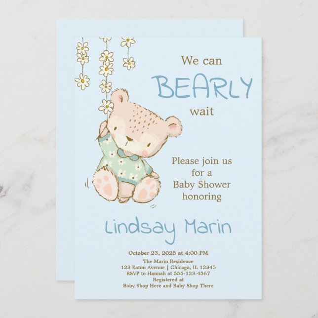 Invitation Aquarelle Bearly Wait Teddy Bear Garland Invitati (Devant / Derrière)