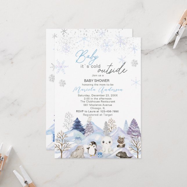 Invitation Aquarelle Bébé arctique son froid extérieur Baby s (Devant/Arrière en situation)