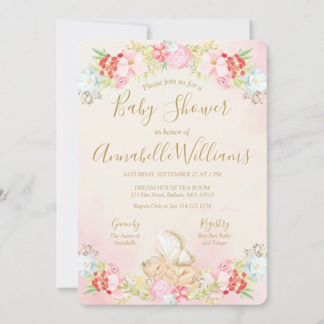 Invitation Aquarelle Bébé Baby shower Fée (Devant)