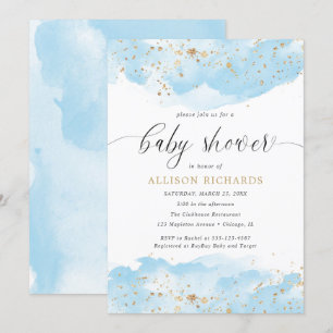 Invitation Aquarelle bébé bleu blanc or garçon baby shower