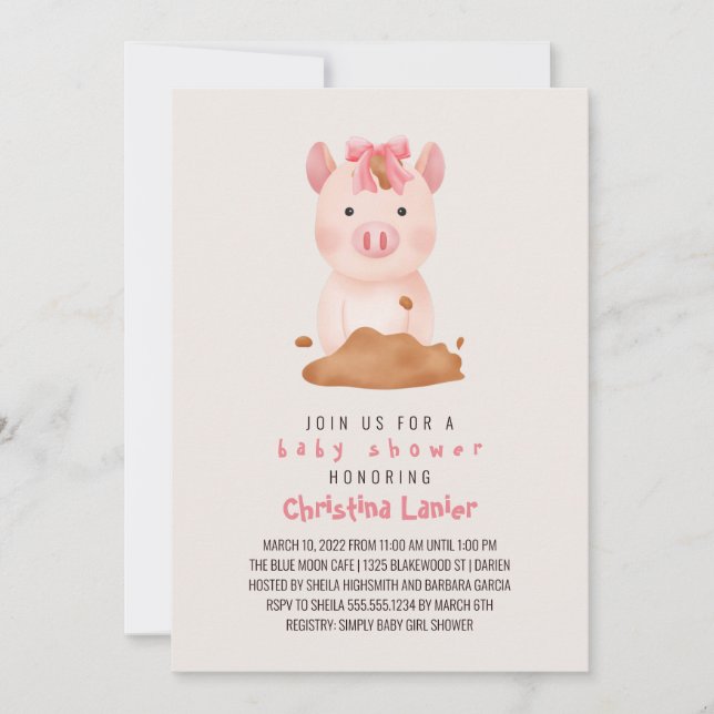 Invitation Aquarelle Bébé Cochon mignonne Bébé fille Whimsica (Devant)