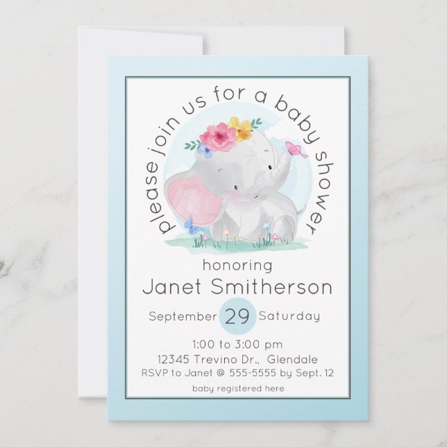 Invitation Aquarelle bébé éléphant avec Baby shower de fleurs (Devant)