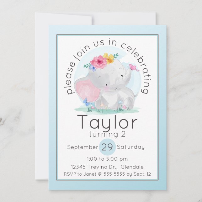 Invitation Aquarelle bébé éléphant avec fleurs Anniversaire (Devant)