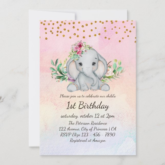 Invitation Aquarelle Bébé Eléphant et fleurs 1er anniversaire (Devant)