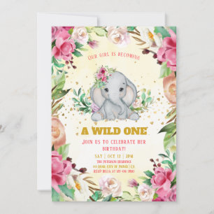 Invitation Aquarelle Bébé Eléphant Fleurs Fille Anniversaire