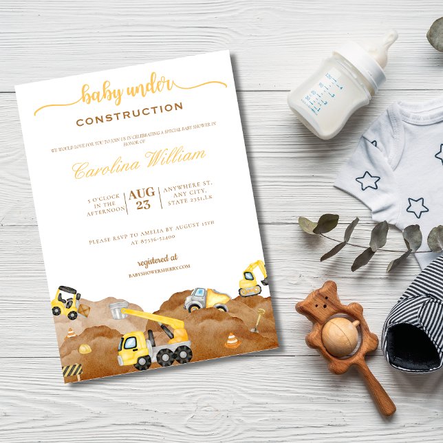 Invitation Aquarelle bébé en construction baby shower (Créateur téléchargé)