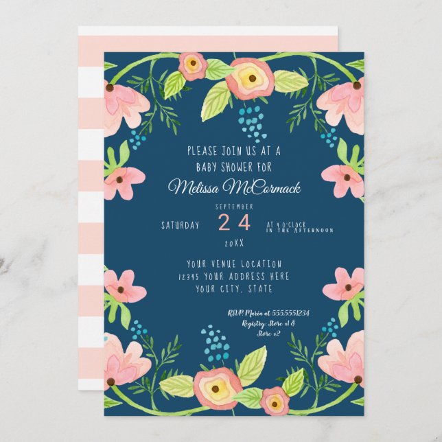 Invitation Aquarelle bébé fille douche moderne BOHO Floral Ar (Devant / Derrière)