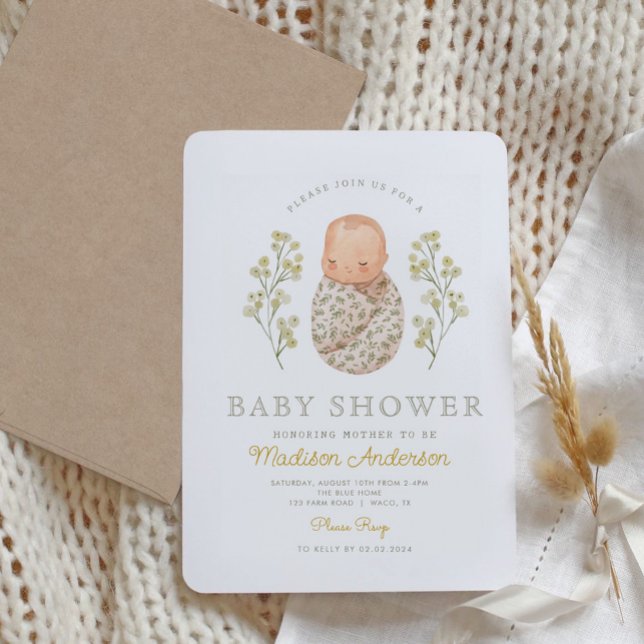 Invitation Aquarelle Bébé Fleurs blanches Élégant Baby shower (Créateur téléchargé)