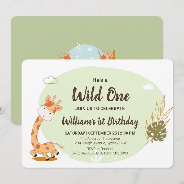 Invitation Aquarelle bébé Giraffe, Safari Animaux Anniversair (Devant / Derrière)