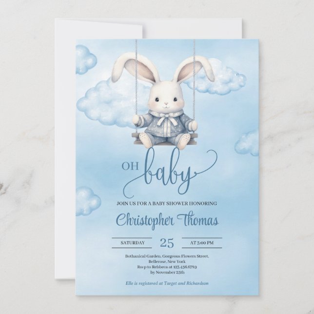 Invitation Aquarelle bébé lapin sur balançoire dans le ciel (Devant)