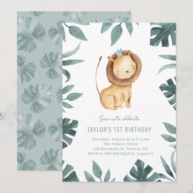 Invitation Aquarelle Bébé Lion Prince Vert Anniversaire (Devant / Derrière)