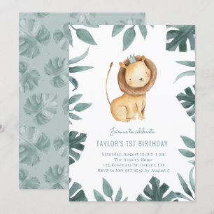 Invitation Aquarelle Bébé Lion Prince Vert Anniversaire
