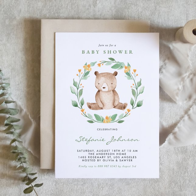 Invitation Aquarelle Bébé Ours Wreath Baby shower vert (Créateur téléchargé)