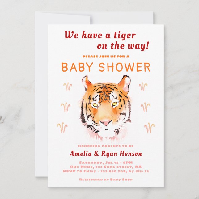 Invitation Aquarelle bébé tigre 2022 Baby shower (Devant)