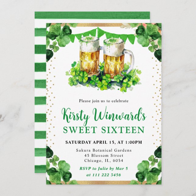 Invitation Aquarelle Beer Pints St Patrick's Sweet 16 (Devant / Derrière)