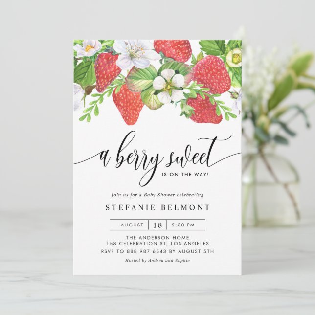 Invitation Aquarelle Berry Sweet Strawberries Baby shower (Debout devant)