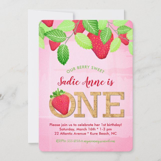 Invitation Aquarelle Berry Sweet Strawberry 1er anniversaire (Devant)