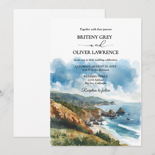 Invitation Aquarelle Big Sur California Coast Mariage (Devant / Derrière)