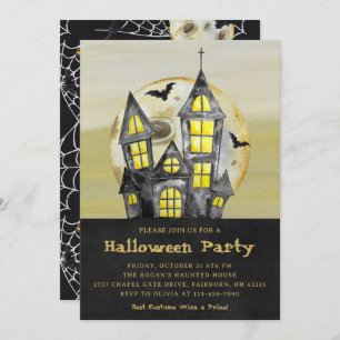 Invitation Aquarelle Black Haunted House Halloween Party