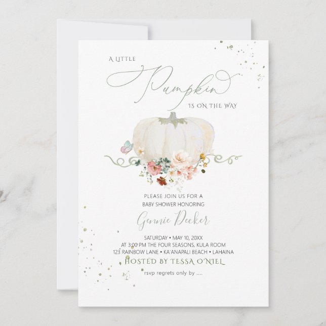 Invitation Aquarelle Blanc Citrouille Automne Fleurs de Jardi (Devant)