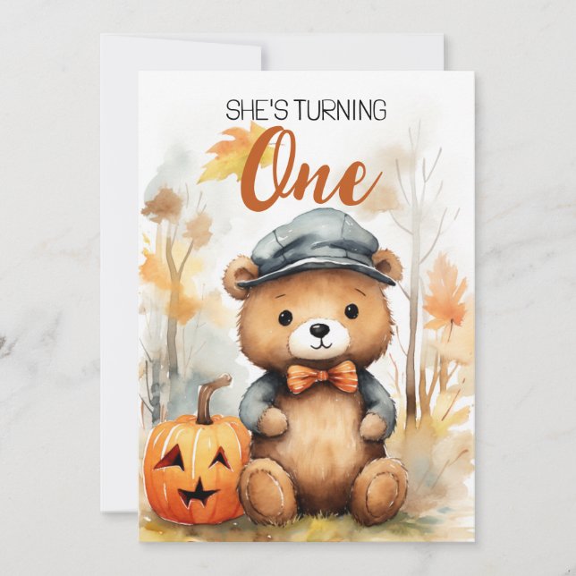 Invitation Aquarelle Blanc et Brown Bois Ours 1er anniversair (Devant)