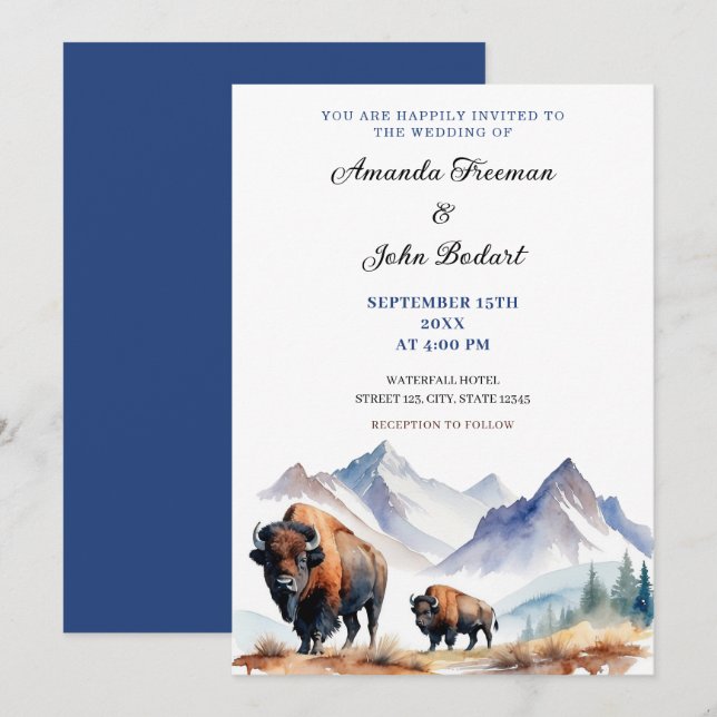 Invitation Aquarelle Blanc et marine Bison Mariage Buffalos (Devant / Derrière)