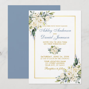 Invitation Aquarelle Blanc Floral Dusty Blue Gold Mariage