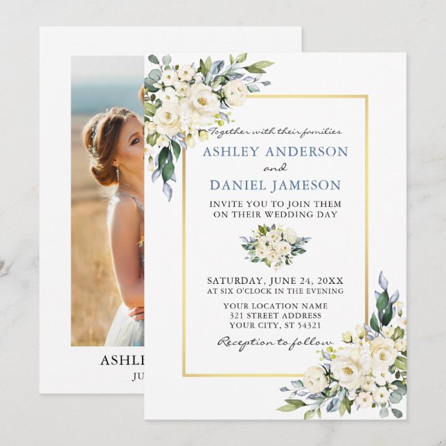 Invitation Aquarelle Blanc Floral Dusty Blue Photo Mariage (Devant / Derrière)