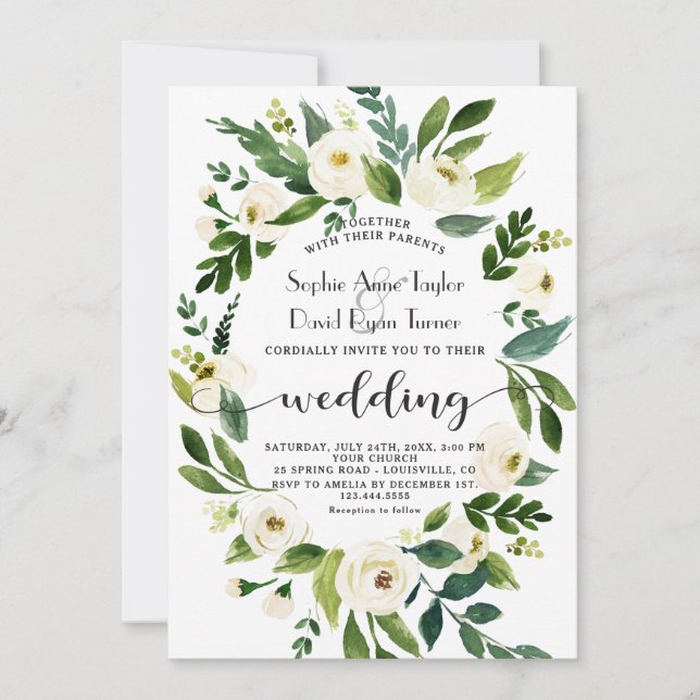 Invitation Aquarelle blanc Floral Mariage écriture manuscrite (Devant)