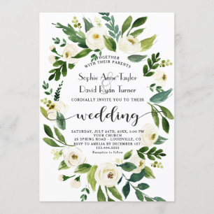 Invitation Aquarelle blanc Floral Mariage écriture manuscrite