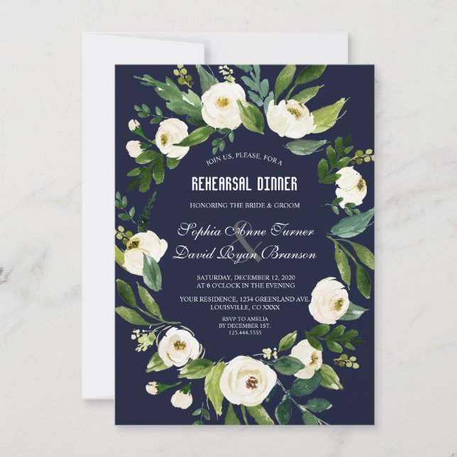 Invitation Aquarelle Blanc Floral Marine Bleu Dîner de répéti (Devant)