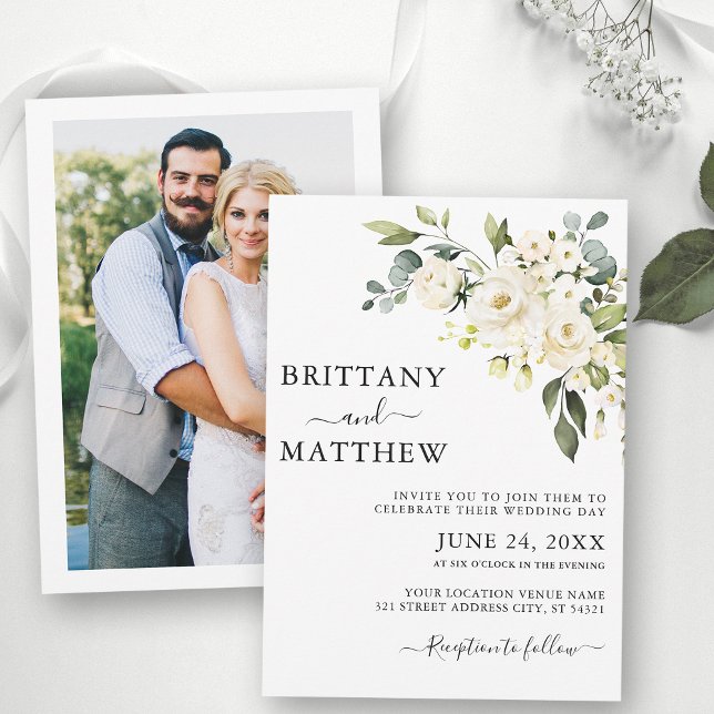 Invitation Aquarelle Blanc Floral Photo Retour Mariage (Customize to change text size, color or text style.)