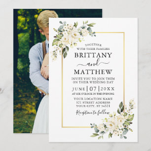 Invitation Aquarelle Blanc Floral Vert Mariage photo