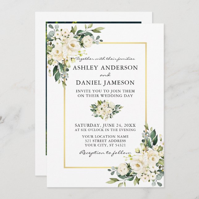 Invitation Aquarelle Blanc Floral Vert Mariage photo (Devant / Derrière)