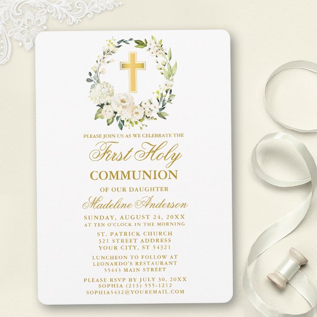 Invitation Aquarelle Blanc Floral Wreath Gold Communion (Customize to change text color, size, style or to add photos or more text to back of card.)