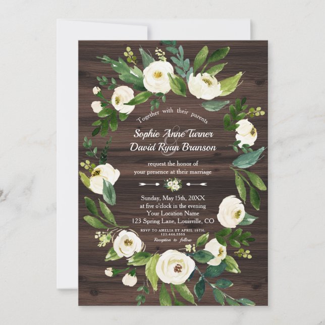 Invitation Aquarelle Blanc Floral Wreath Mariage bois (Devant)