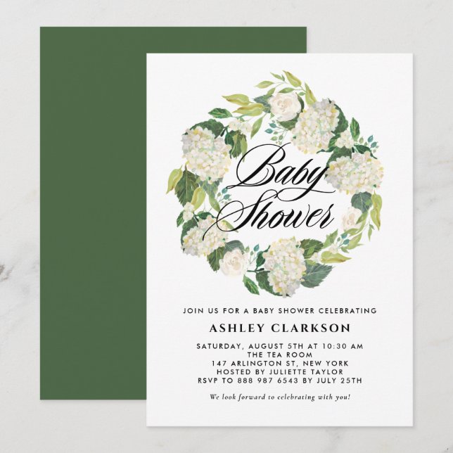 Invitation Aquarelle blanc Hydrangea Wreath Baby shower (Devant / Derrière)