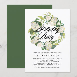 Invitation Aquarelle Blanc Hydrangea Wreath fête d'anniversai