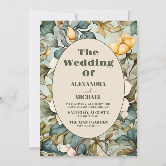 Invitation Aquarelle Blanc Lily Art Nouveau Mariage (Devant)