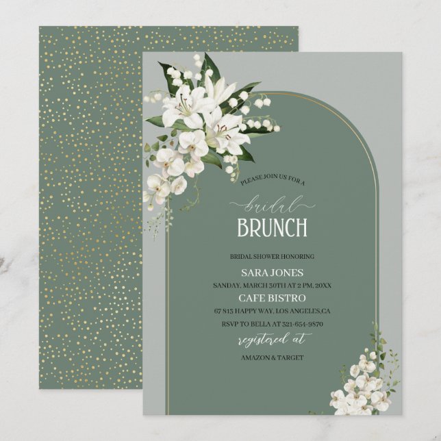 Invitation Aquarelle Blanc Lily et vert arrière - plan (Devant / Derrière)