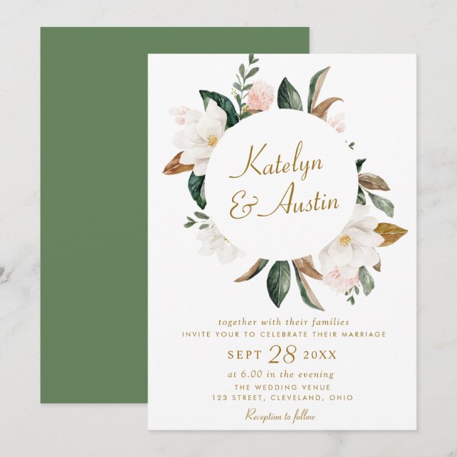 Invitation Aquarelle blanc magnolia mariage floral (Devant / Derrière)