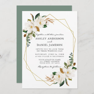 Invitation Aquarelle blanc Magnolias Geo Mariage Sage vert