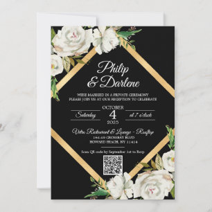 Invitation Aquarelle Blanc Noir Or Floral Mariage Code QR